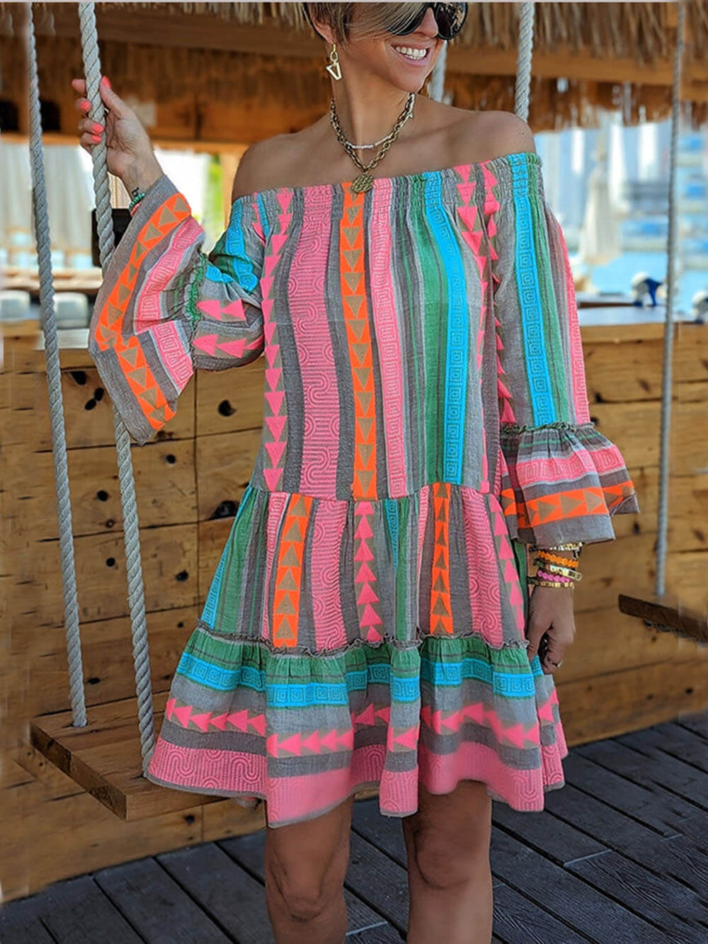 Fiesta - Ethnic Print Off Shoulder Loose Mini Dress