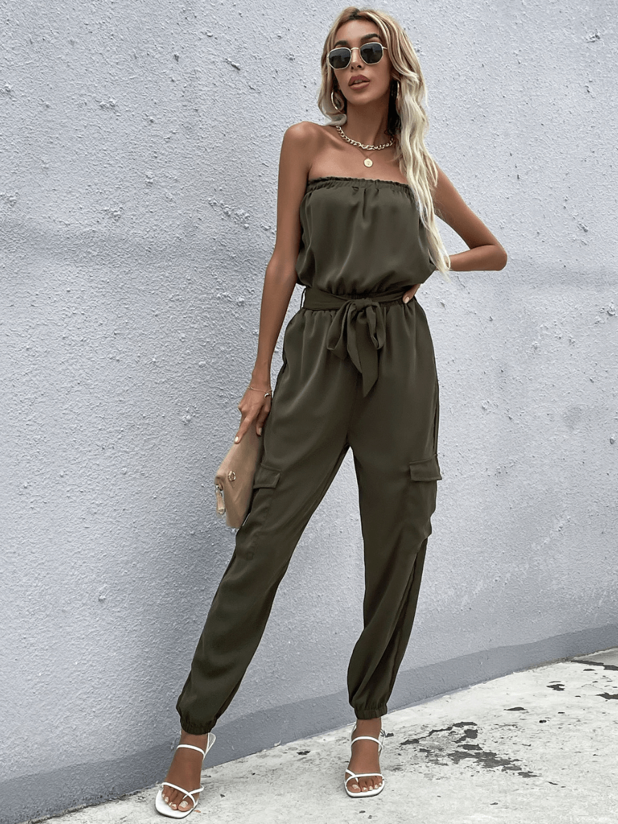 Parisa Strapless Satin Tie Waist Jumpsuit