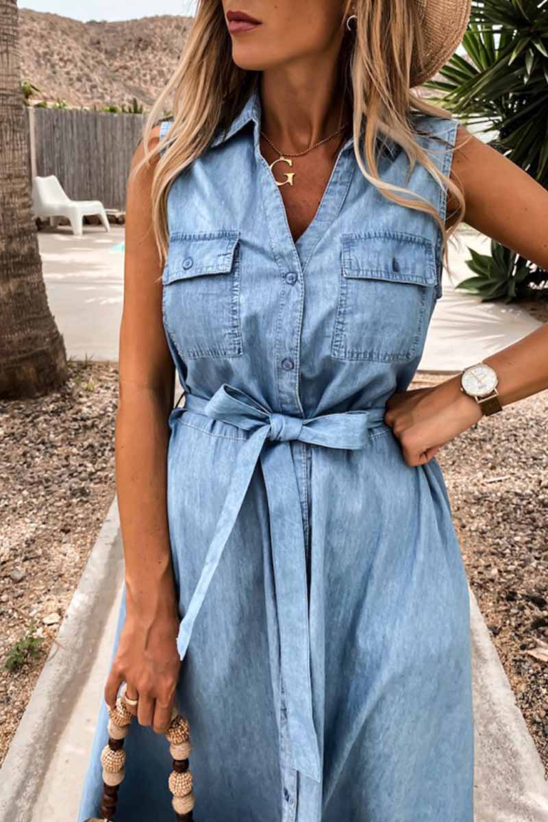 Chicindress Sleeveless Lace-Up Single-Breasted Denim Midi Dress