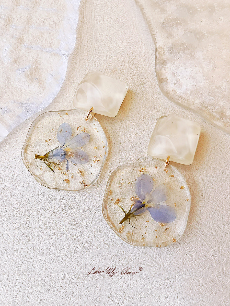 Pressed Flower Earrings - Epoxy Vintage Blue Romantic