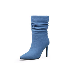 JADY ROSE | DENIM RUCHED ANKLE STILETTO BOOTS