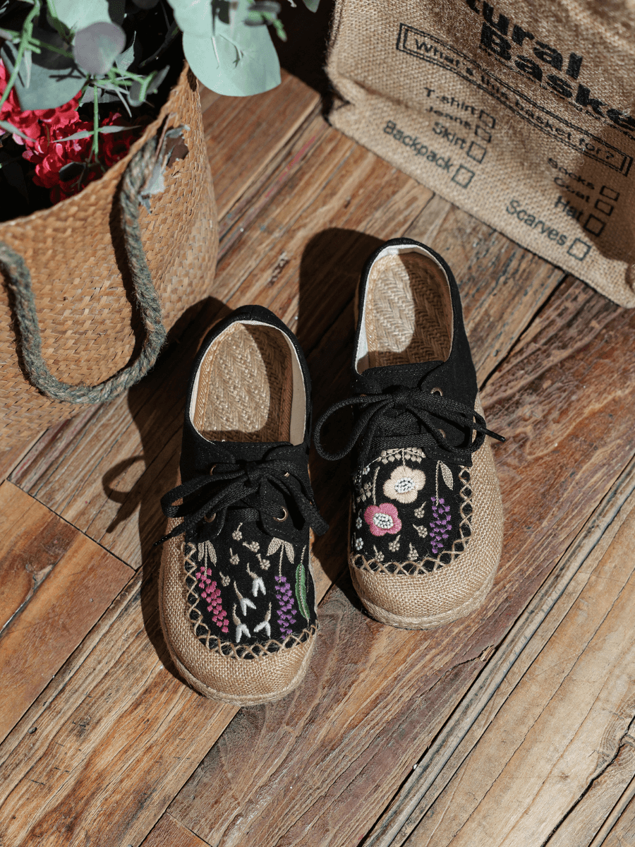 CACTUS ROSE | GARDEN EMBROIDERED LINEN ESPADRILLE SNEAKER - BLACK