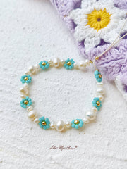 Adjustable Drawstring Beaded Bracelet Blue Daisy