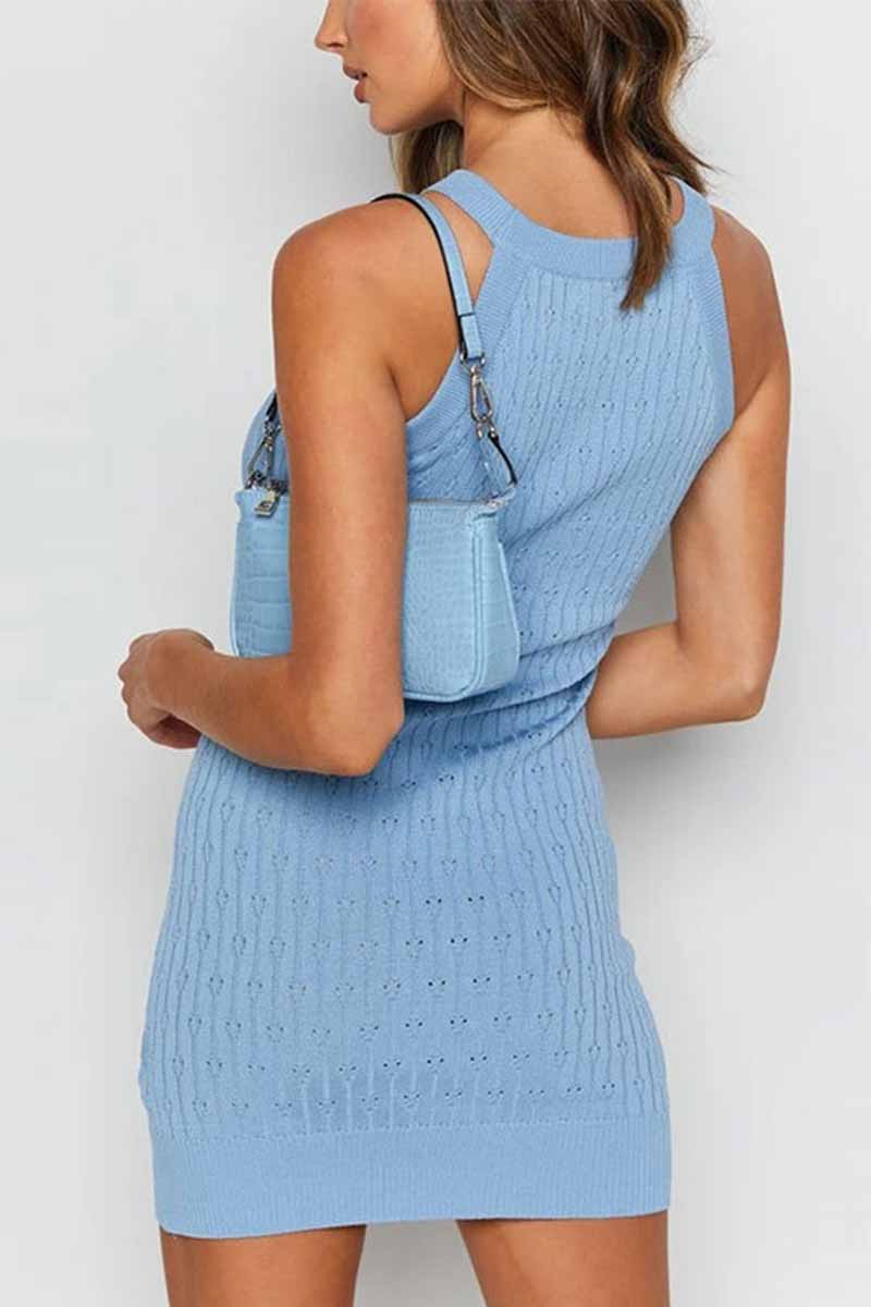 Chicindress Solid Color Sleeveless Striped Knitted Bag Hip Mini Dress