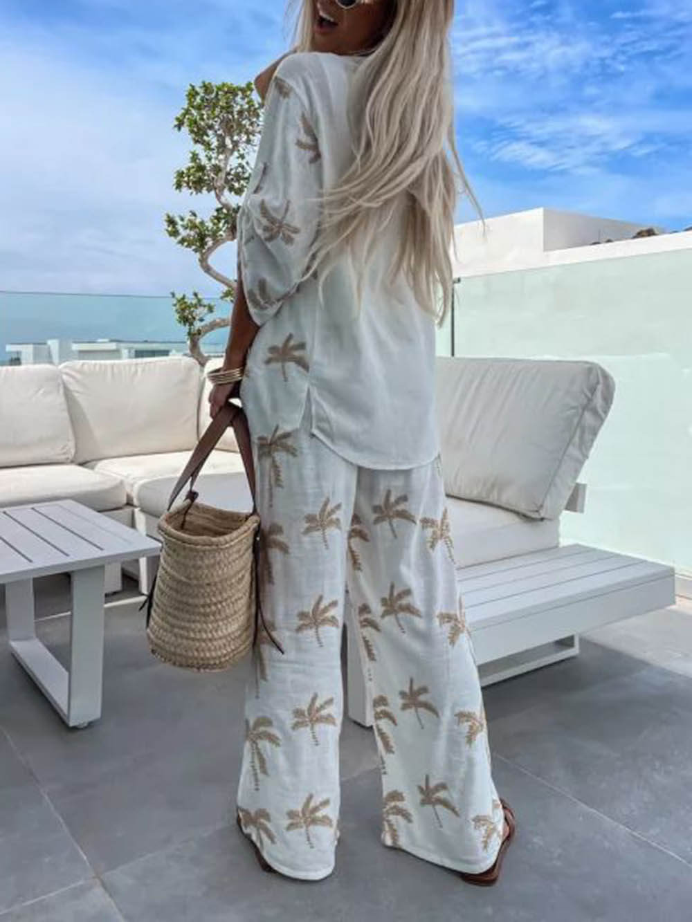 Unique Gold Palm Tree Print Elastic Pocket Straight Leg Pants