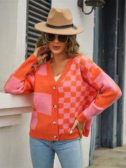 Checkmate Button Up Knit Cardigan - Orange