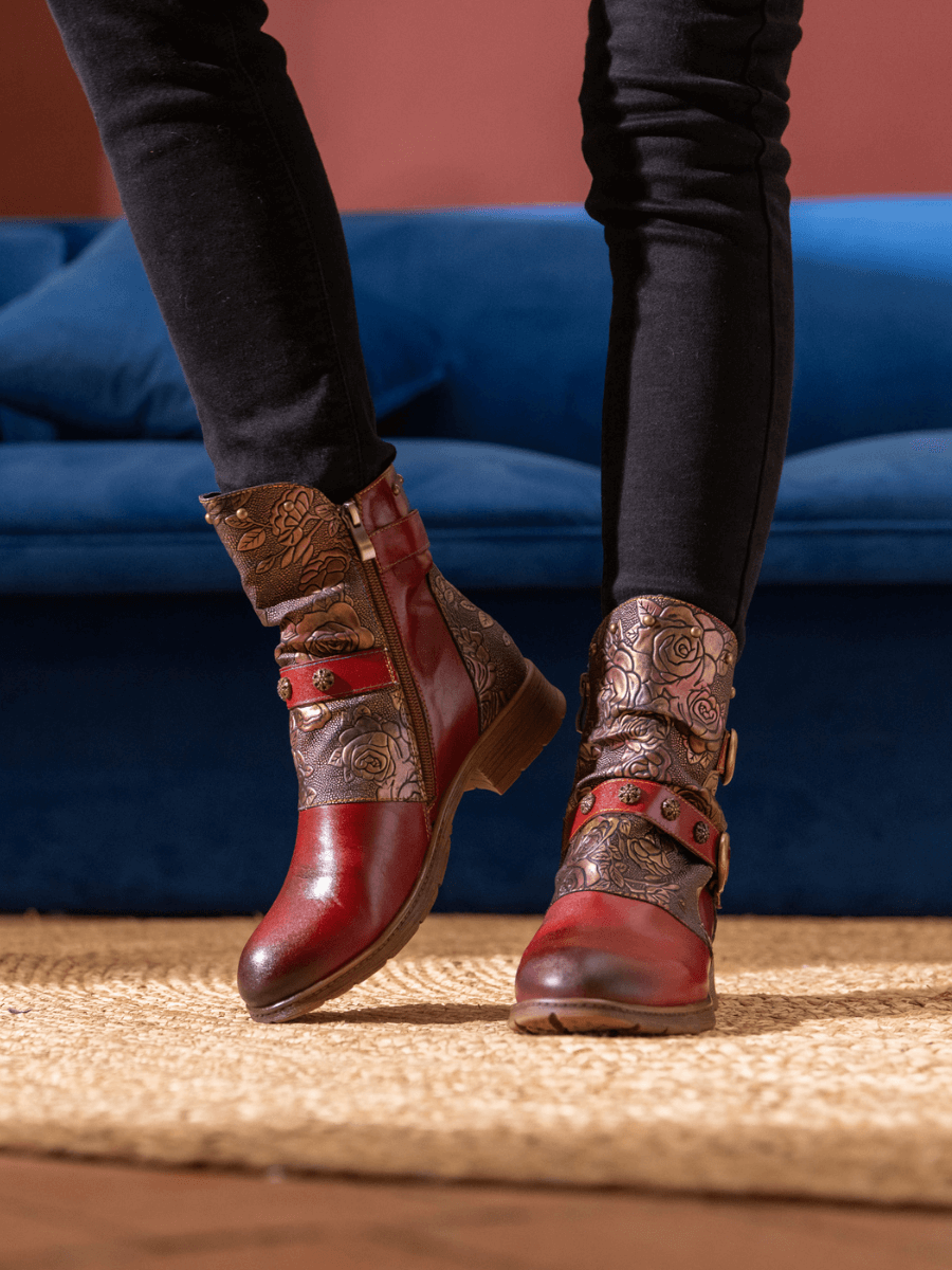 Soffia | Nicolette Rivet Stud Leather Moto Boots - Claret