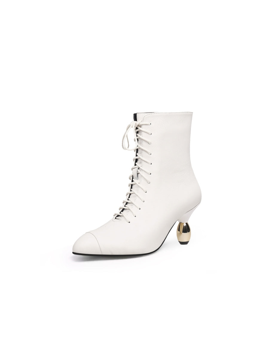 JadyRose | Genuine Leather Golden Drop Heeled White Bootie Ankle Boots