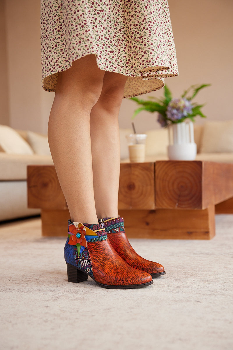 Soffia | Evanie Floral Applique Leather Ankle Boots