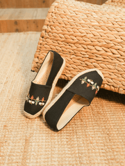 CACTUS ROSE | BLOSSOM EMBROIDERED LINEN ESPADRILLES - BLACK