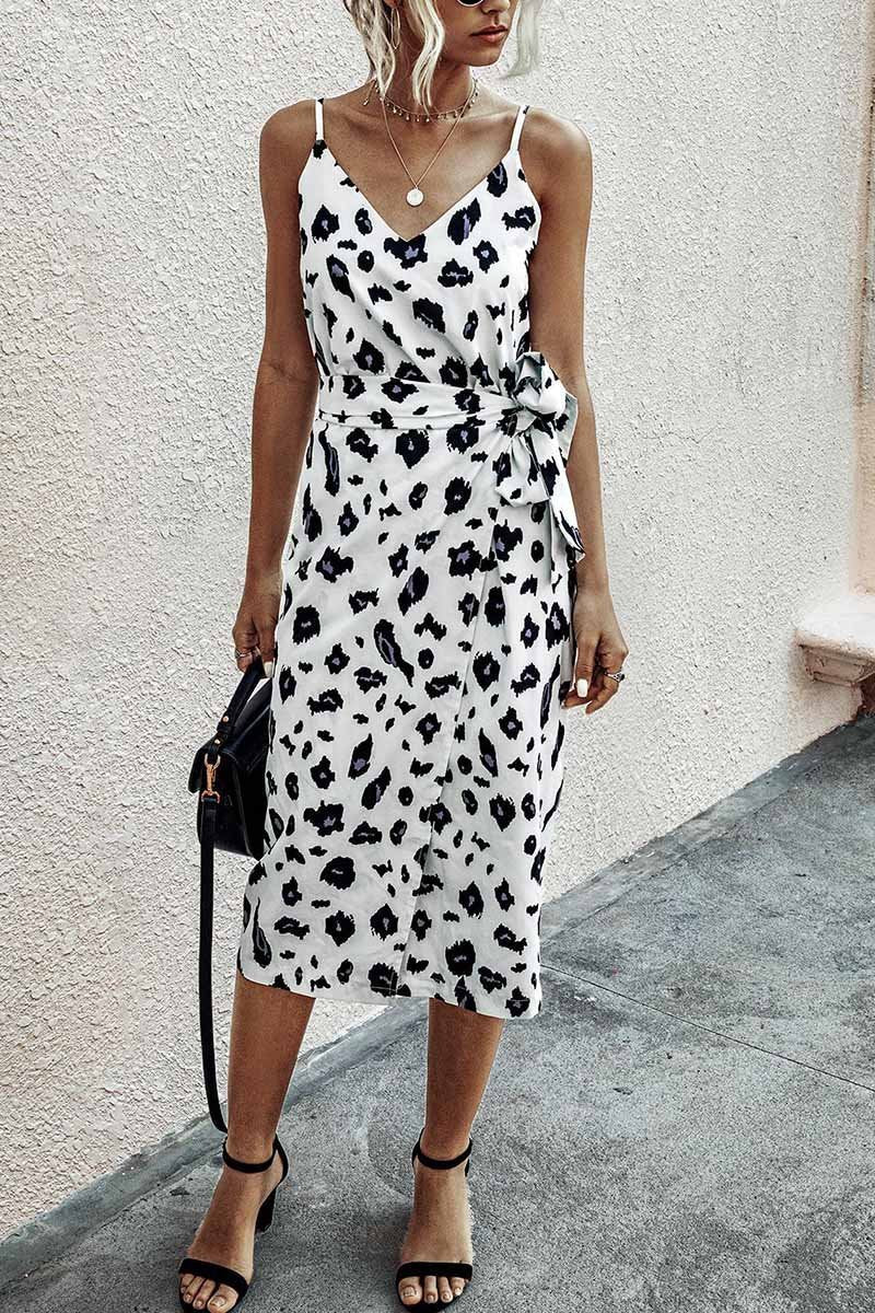 Chicindress V Neck Print Midi Dress With Belts(4 Colors)