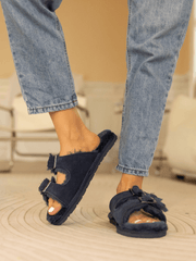 Smaibulun Ugg | Woolen Lined Double Strap Suede Sandal - Navy