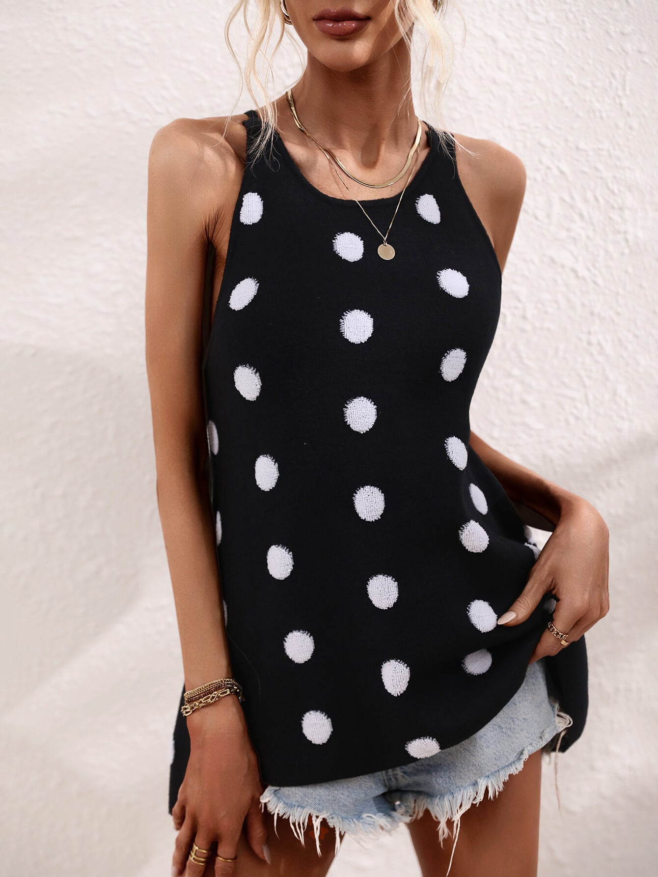 SURF SEASON KNIT POLKA DOT PATTERN TANK - BLACK