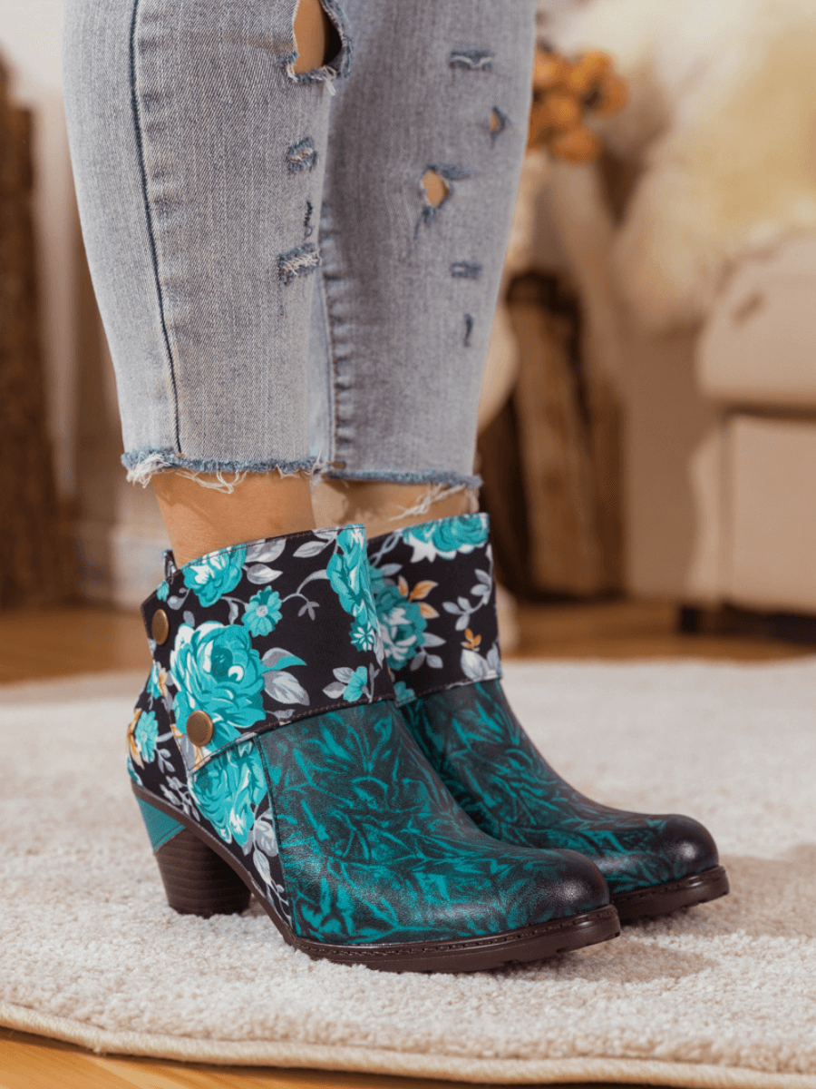 SOFFIA | TURQUOISE FLORAL ABSTRACT LEATHER BOOTIE