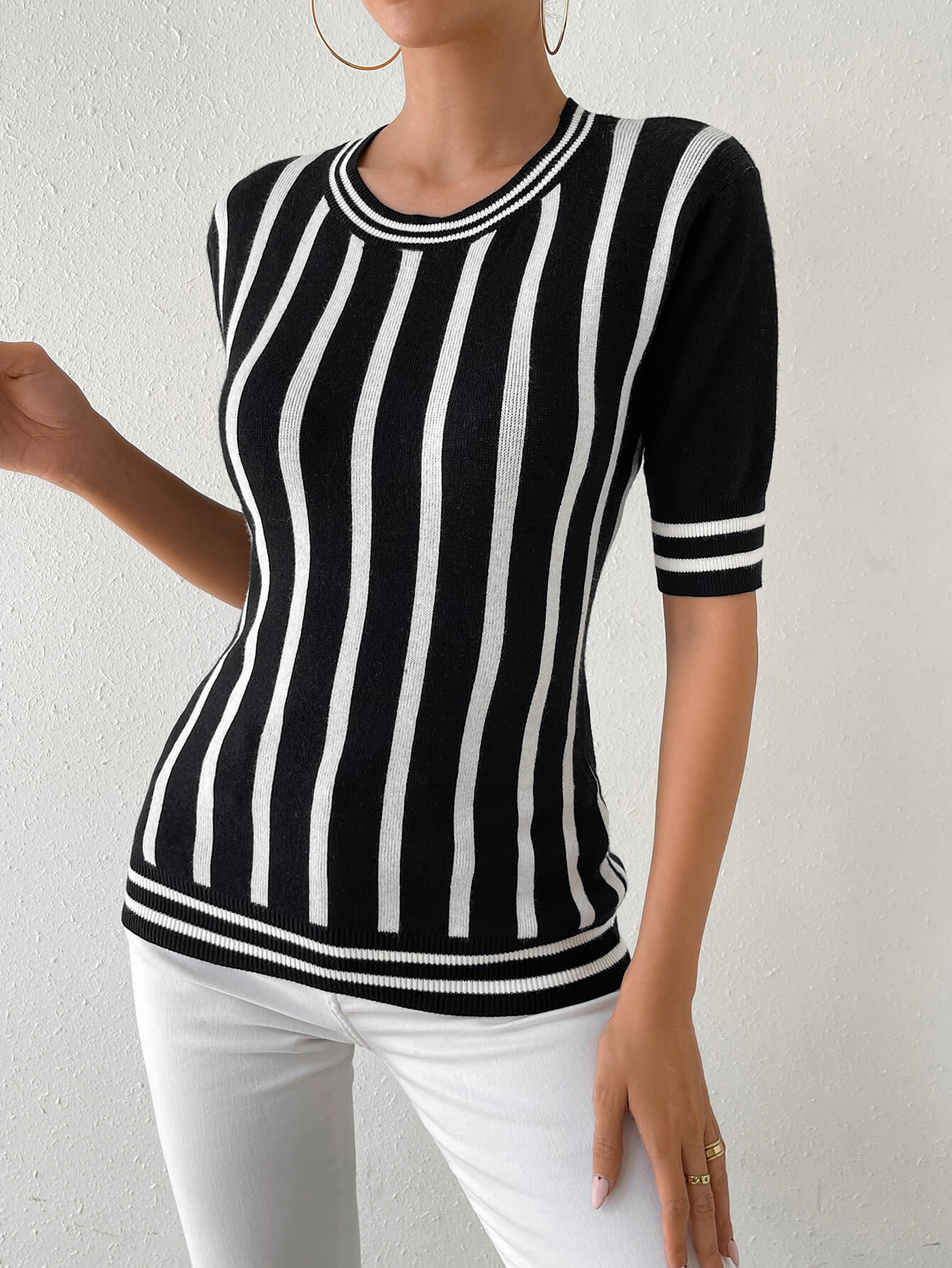 Colette Striped Short Sleeve Knit Top - Black