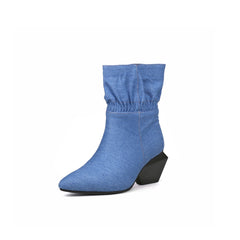 JADY ROSE | BLOCK HEEL RUFFLE ANKLE DENIM BOOTS