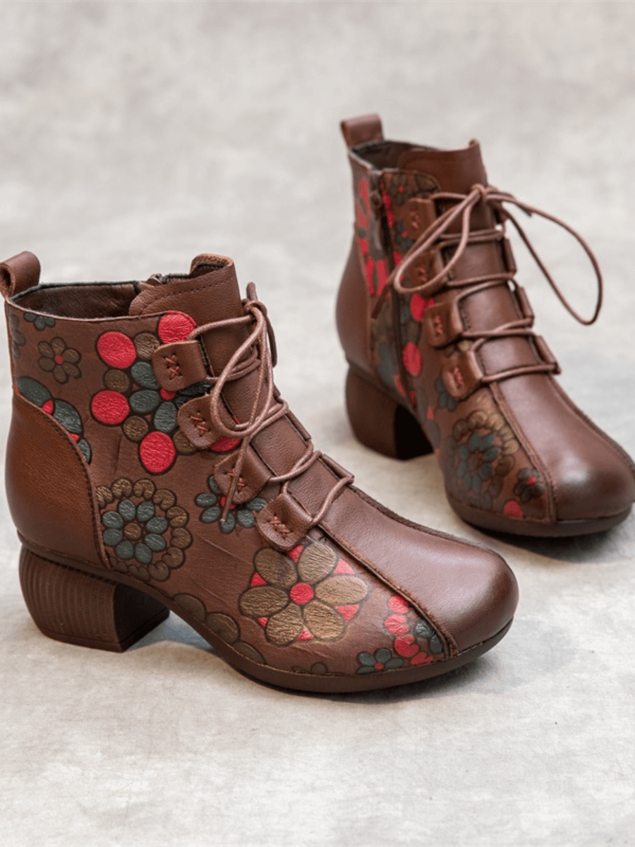 RUMOUR HAS IT | LACE-UP FLORAL EMBOSSED LEATHER BOOT - BROWN