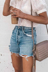 Chicindress Summer Loose Button Ripped Fringed Denim Shorts