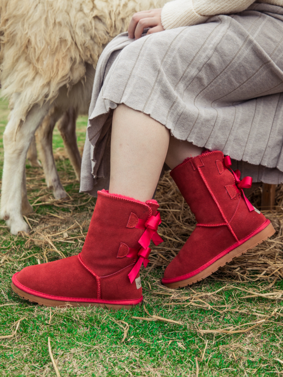 SMAIBULUN Ugg | DOUBLE RIBBON BOW SUEDE BOOT - Red