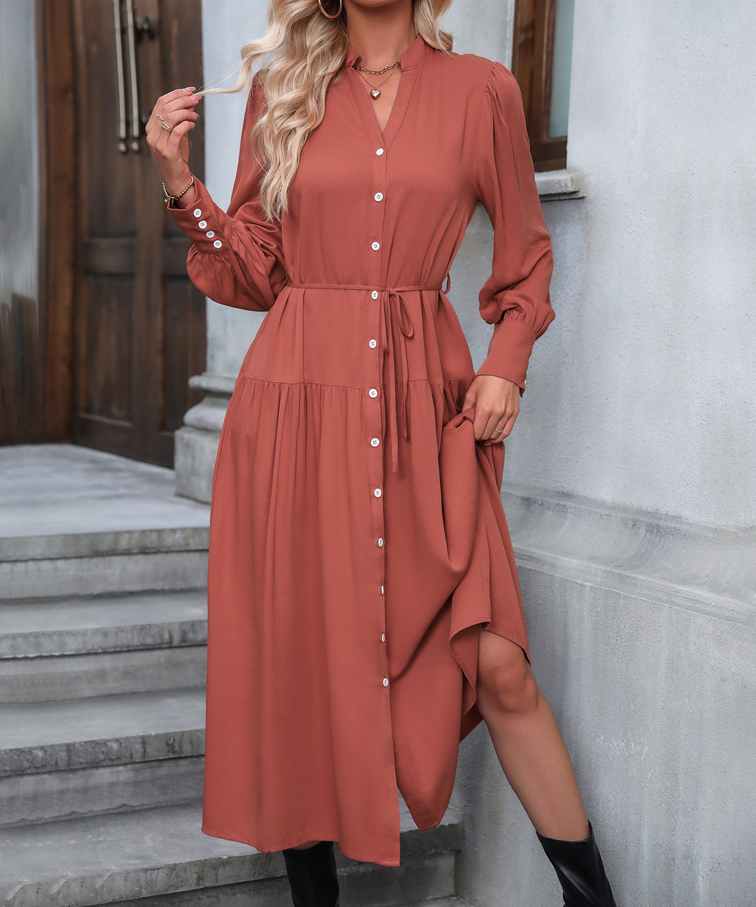 Serengeti Tie Waist Button Front Midi Dress - Rust