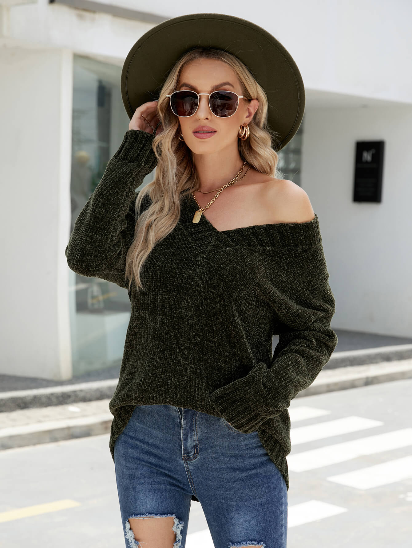 GLAM CHENILLE PULLOVER SWEATER - GREEN