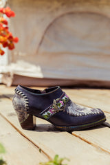 SOFFIA | Navy Leather Floral Strap-Accent Bootie