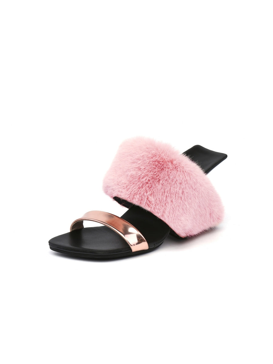 JadyRose | Faux Fur Strap Leather Wedge Sandal - Baby Pink