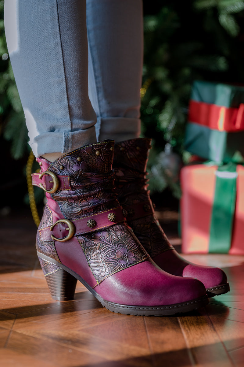 SOFFIA | FLORAL EMBOSSED BUCKLE UP LEATHER BOOTIE - VIOLET