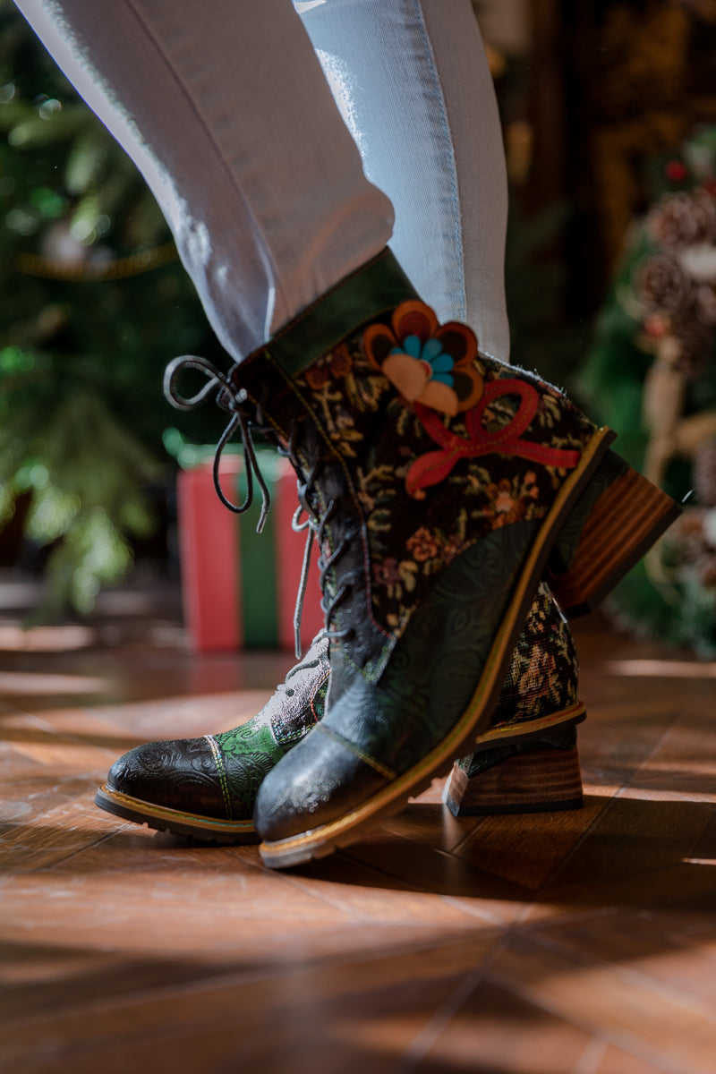 SOFFIA | FLORAL APPLIQUED LACE UP LEATHER ANKLE BOOT