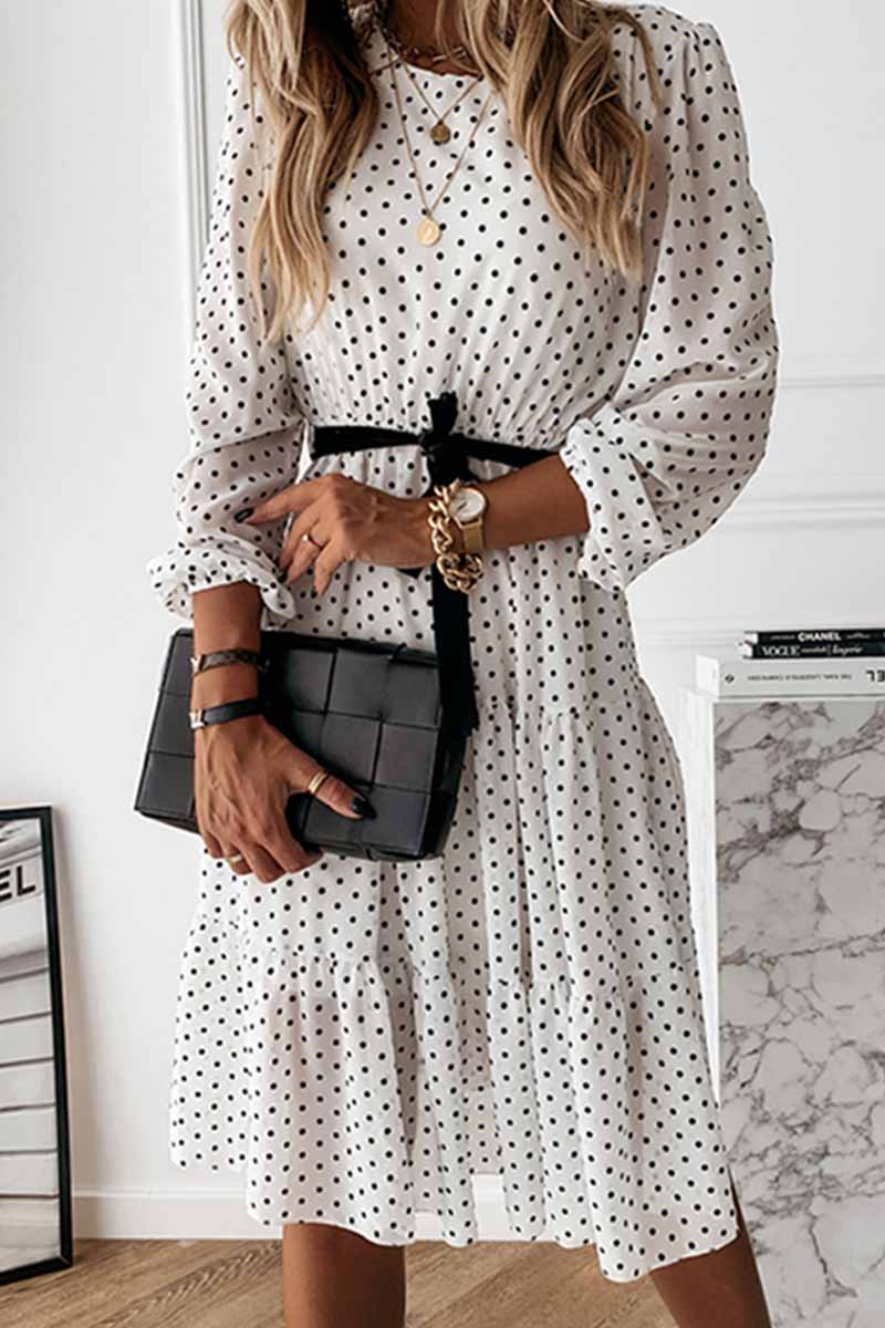 Chicindress Elegant Dot Print Round Neck Tie Midi Dress