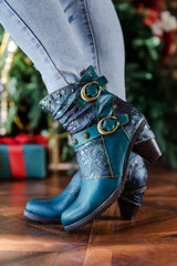 SOFFIA | FLORAL EMBOSSED BUCKLE UP LEATHER BOOTIE - TEAL