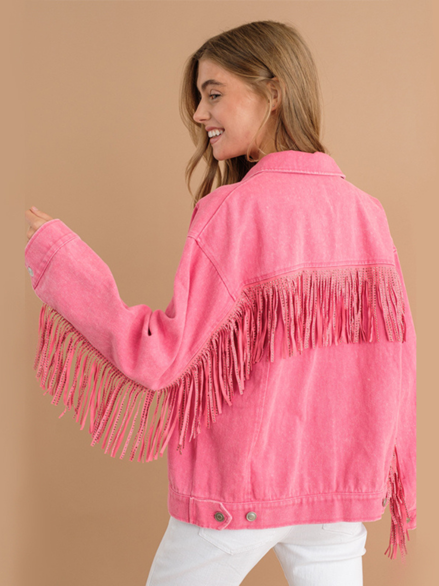 SEQUIN TASSEL WING RETRO DENIM JACKET - PINK