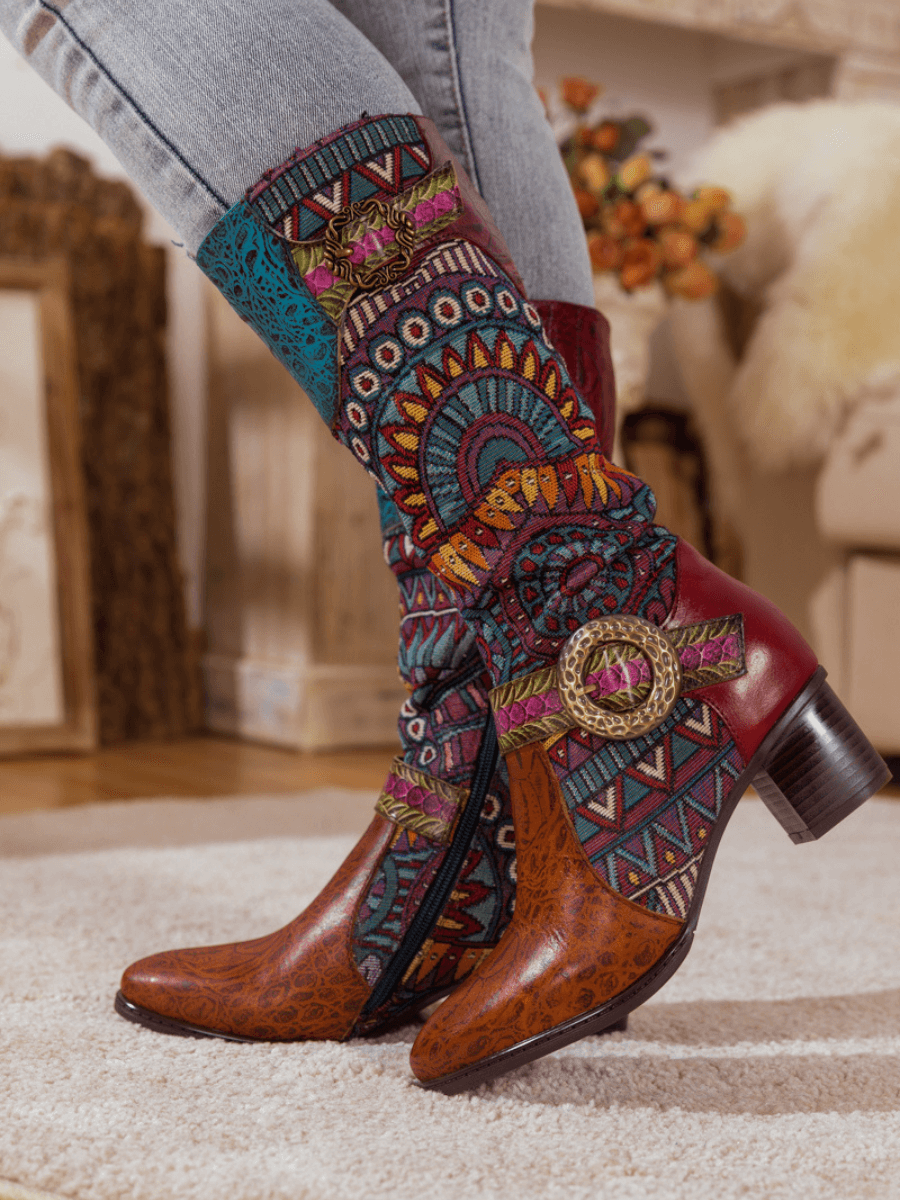 SOFFIA | BROWN PATCHWORK LEATHER KNEE BOOT