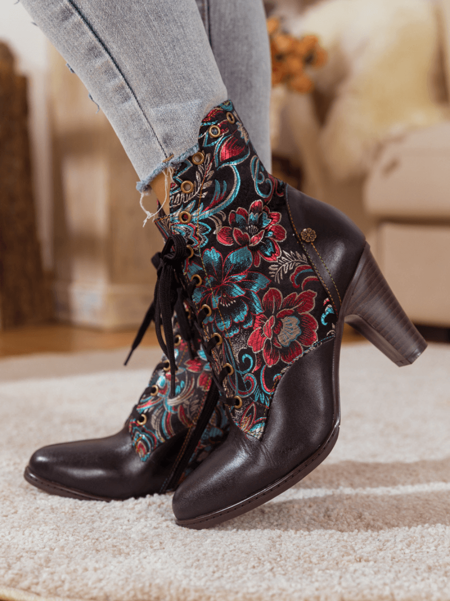 SOFFIA | BLACK FLORAL EMBROIDERED LEATHER BOOTIE