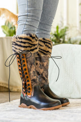 SOFFIA | TIGER PATTERN FUR CIRCUM LEATHER TIE-ACCENT BOOT