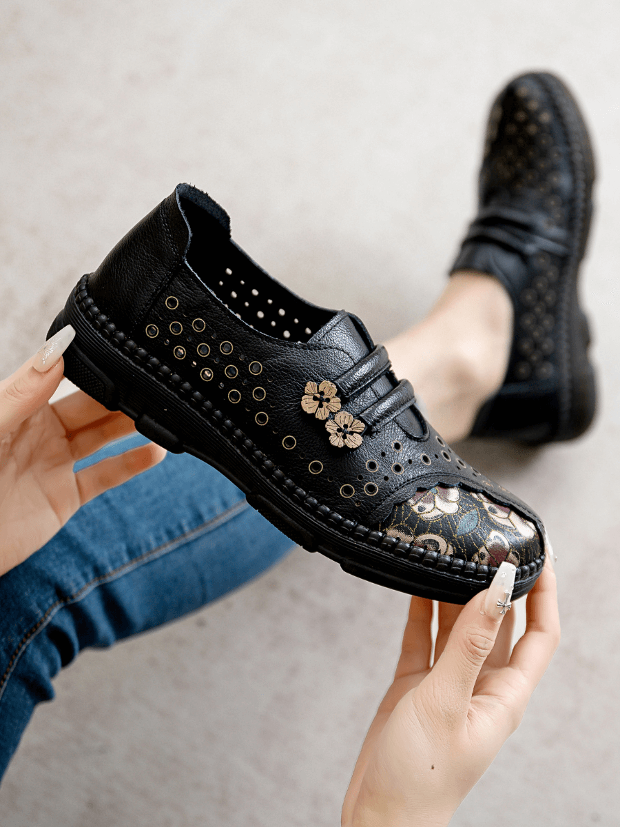 RUMOUR HAS IT | PERFORATED UPPER FLORAL EMBOSSED LEATHER LOAFER  - BLACK