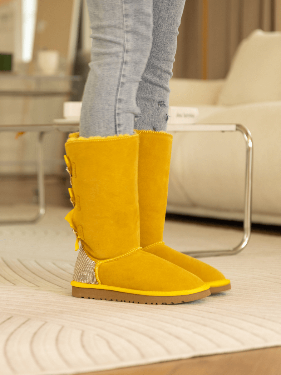 SMAIBULUN Ugg | Rhinestone Ribbon Tri-Tie Bow Suede Boots - Yellow