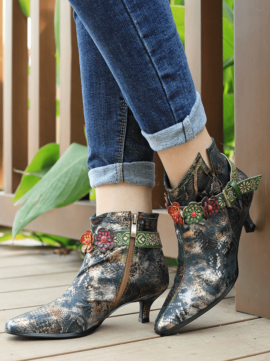 SOFFIA | SNAKE PATTERN EMBOSSED GREEN LEATHER KITTEN HEEL ANKLE BOOT