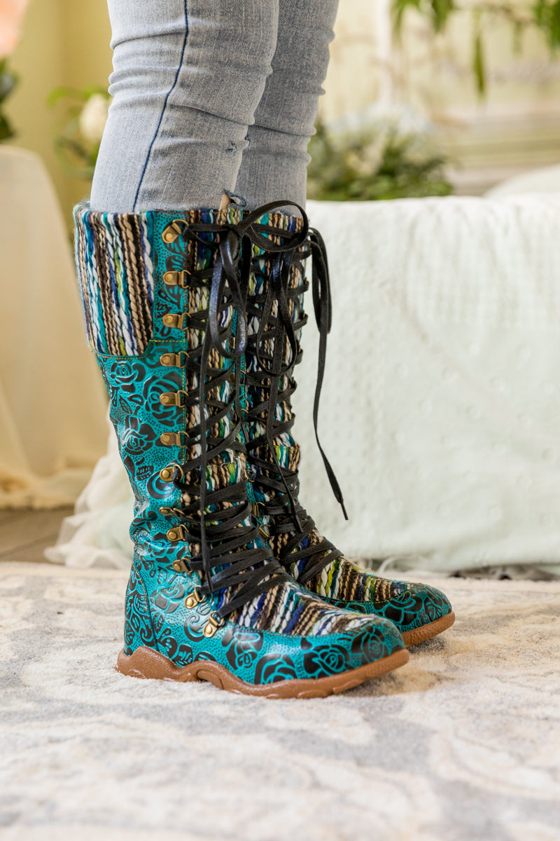 SOFFIA | ROSE EMBOSSED TEAL LEATHER TIE-ACCENT BOOT