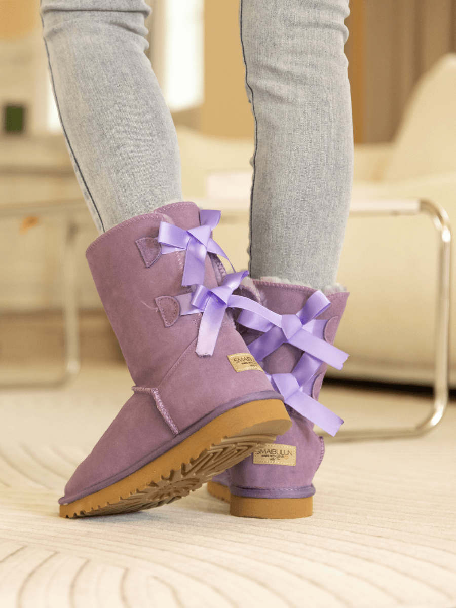 Smaibulun Ugg | Double Ballet Ribbon Bow Suede Shearling Boots - Lavender