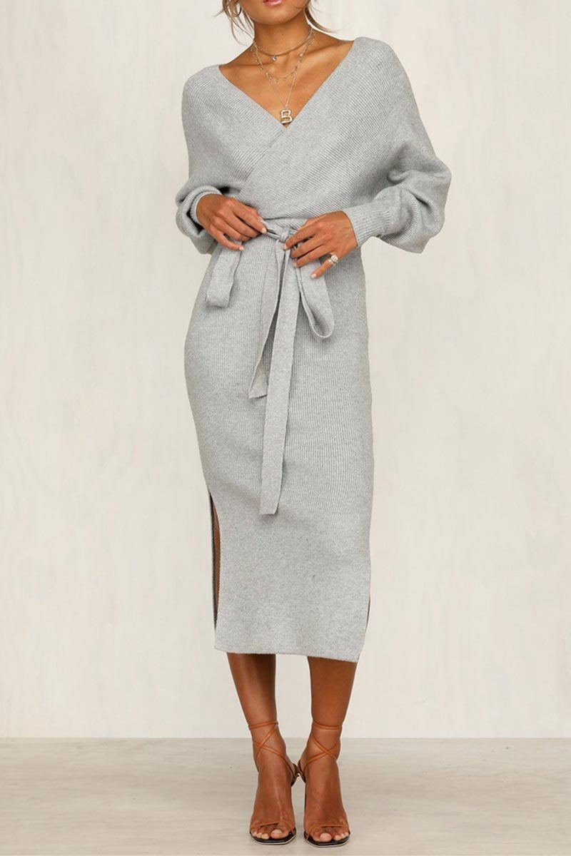 Chicindress V Neck Backless Sweater Midi Dress(5 Colors)