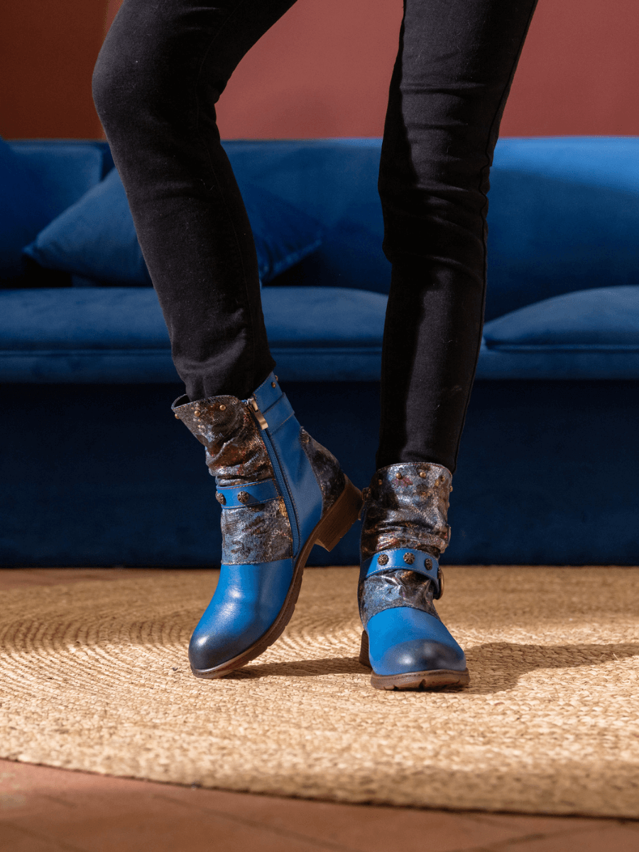 Soffia | Nicolette Rivet Stud Leather Moto Boots - Blue