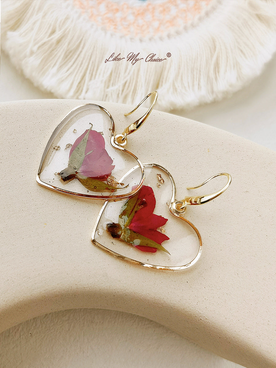 Pressed Flower Earrings - Resin Heart Dried Flower