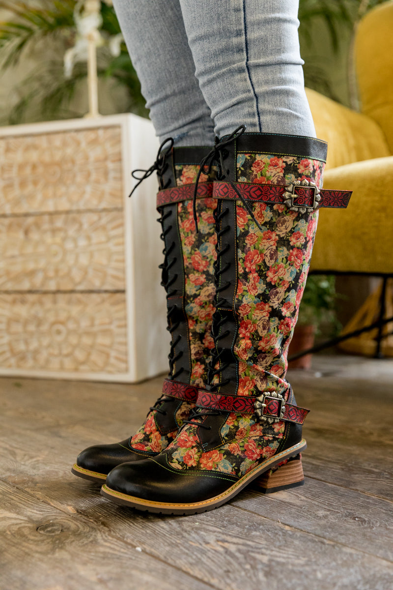 SOFFIA | BLOOMING FLORAL TIE-ACCENT LEATHER KNEE HIGH BOOT