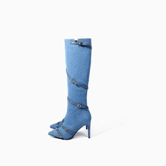 JADY ROSE | DENIM HARDWARE KNEE-HIGH STILETTOS BOOTS