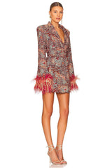 Carlin Printed Feather Belted Mini Blazer Dress