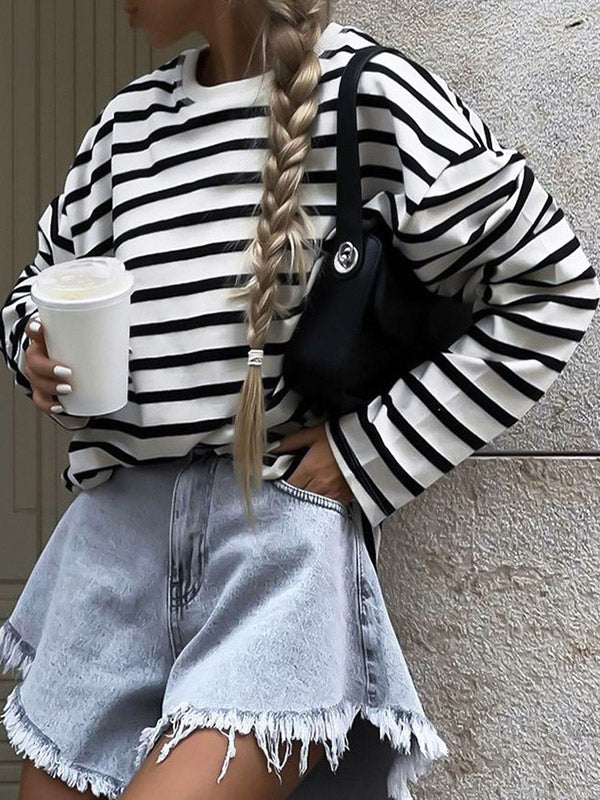 Long Sleeves Loose Contrast Color Striped Round-Neck T-Shirts Tops