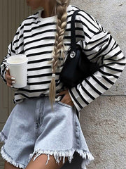 Long Sleeves Loose Contrast Color Striped Round-Neck T-Shirts Tops