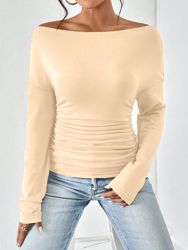 Long Sleeves Skinny Solid Color One-Shoulder T-Shirts Tops