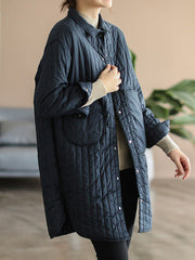 Long Sleeves Loose Asymmetric Buttoned Pockets Quilted Solid Color Split-Side Lapel Padded Coat